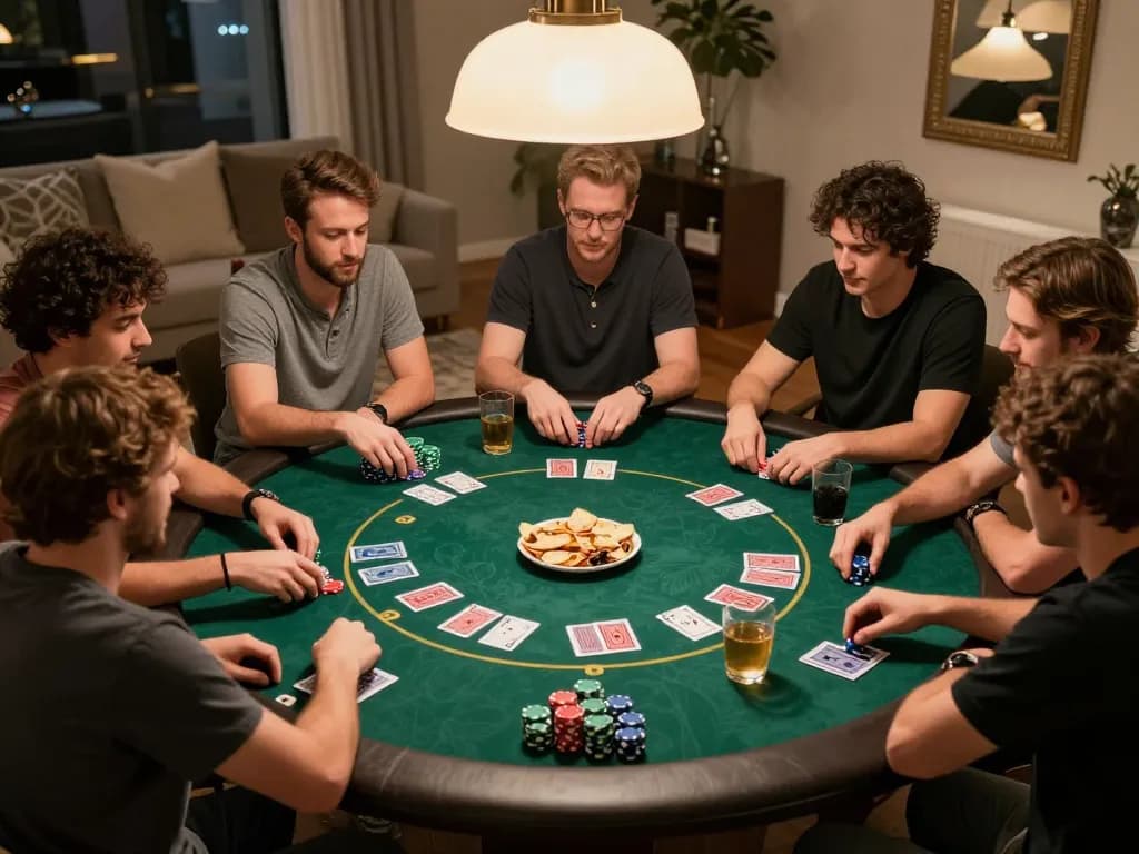 VK88 friends enjoying a lively poker game, vibrant atmosphere with chips and cards on the table.