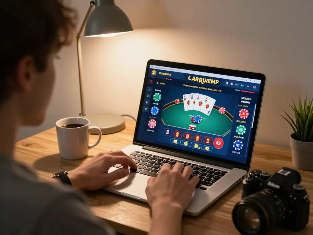 Seorang pemain berinteraksi dengan kasino online aman788 di laptop, menampilkan permainan poker yang mendebarkan dalam suasana nyaman