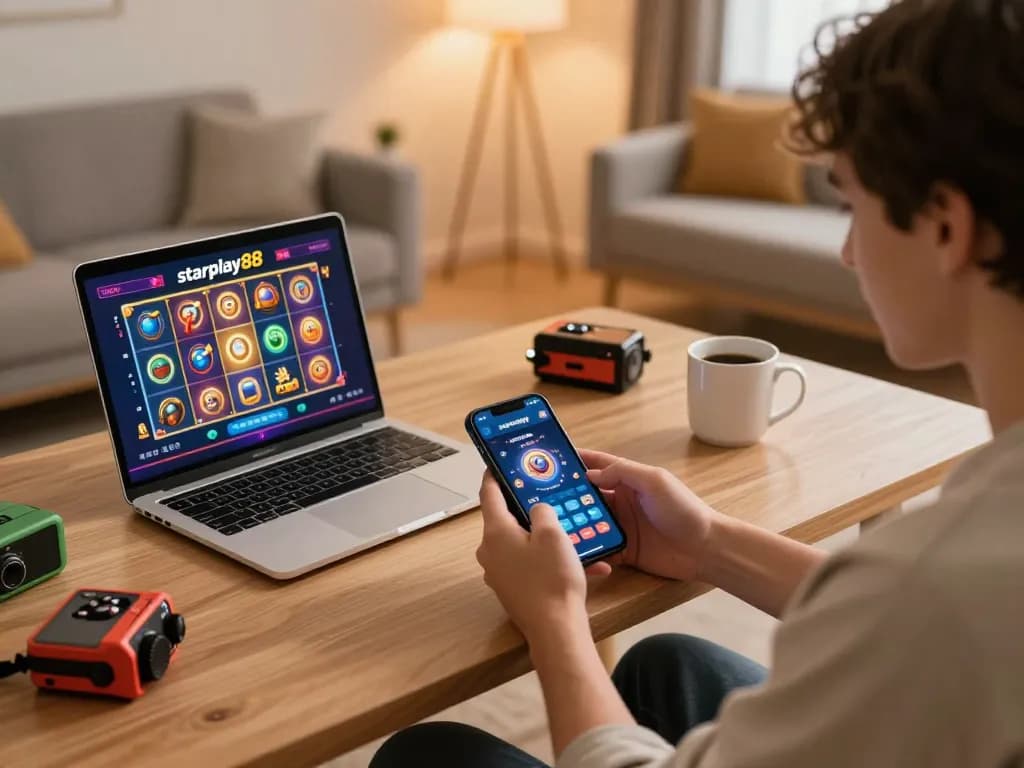 Pemain yang terlibat menggunakan aplikasi starplay88 di smartphone dalam pengaturan rumah yang nyaman untuk perjudian online.