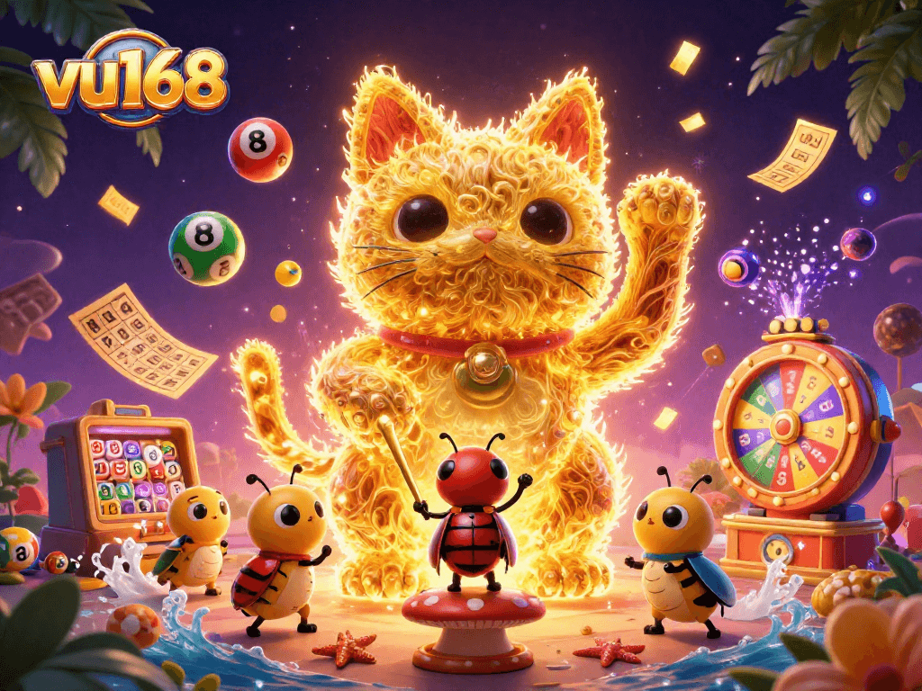 Experience the vibrant world of casino and betting with vu168, featuring a lively lucky cat and dynamic game elements.