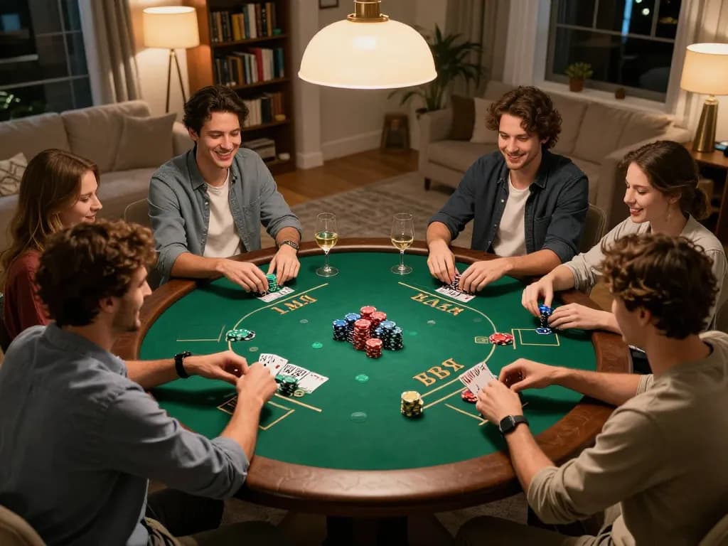 Friends engaging in an exciting game of Texas Hold'em poker at home with 32win strategy.