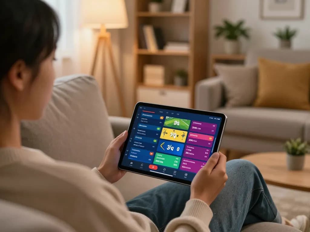 Engaging in online sports betting on a sleek tablet, showcasing trangcacuocbongda's strategic features and betting options