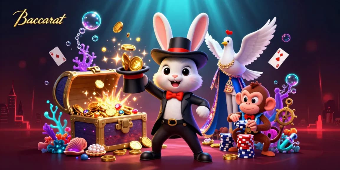 Baccarat game scene featuring a cartoon magician, dove, and monkey with poker chips in an underwater treasure display.