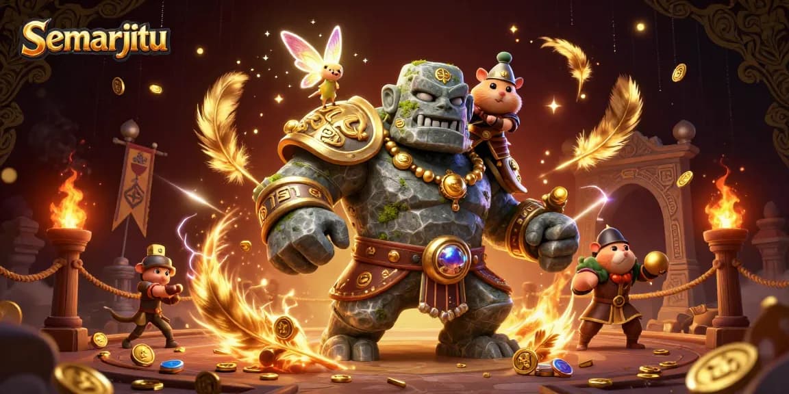 Meningkatkan peluang menang di semarjitu dengan ilustrasi penjaga golem dan si kecil peri magis.