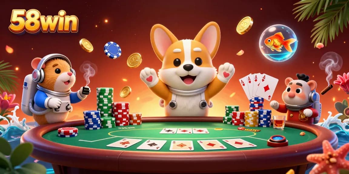 Watch the 58win astronaut corgi float in a thrilling casino scene filled with poker action and gold coins.