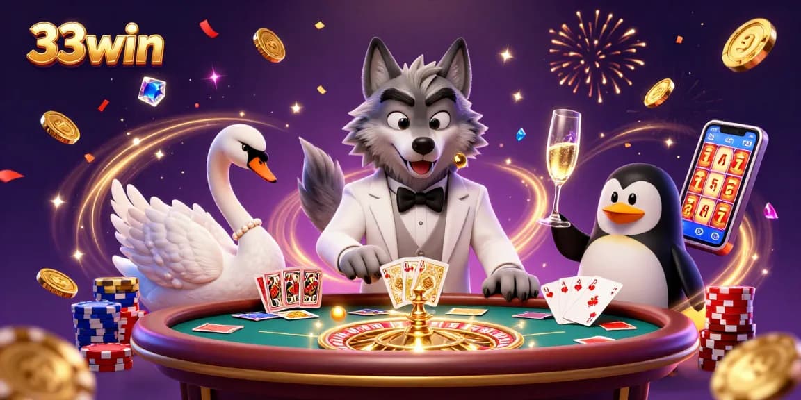 Experience the excitement of 33win with a lively 3D casino scene featuring a wolf, swan, and penguin.