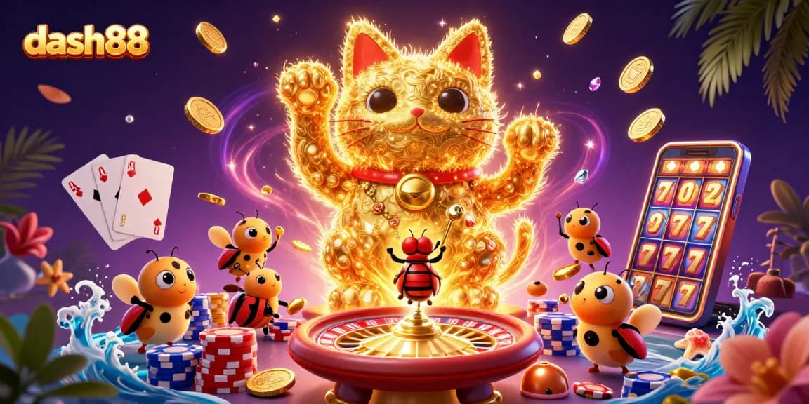 Get ready to win with dash88 as lucky symbols and golden coins fill the vibrant casino scene.