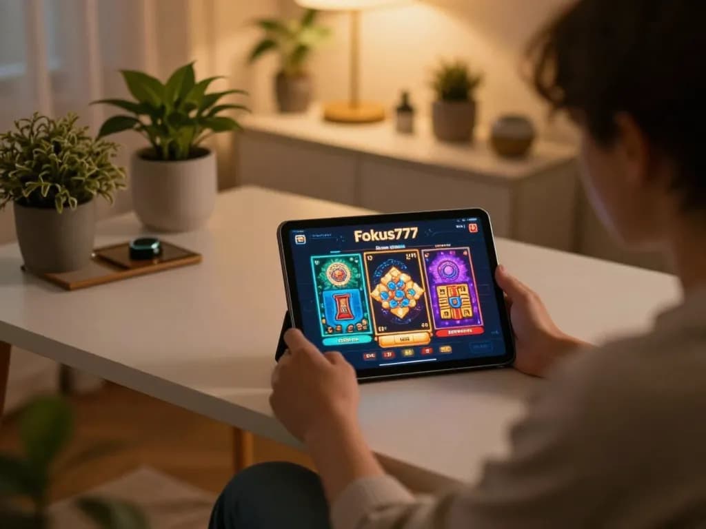 Engaging with the Fokus777 app on a tablet in a cozy home setup for online gaming.