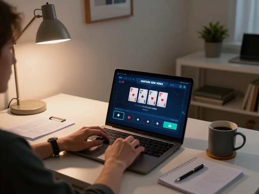 Playing situs idn poker on a laptop in a cozy home office setting with strategy notes nearby