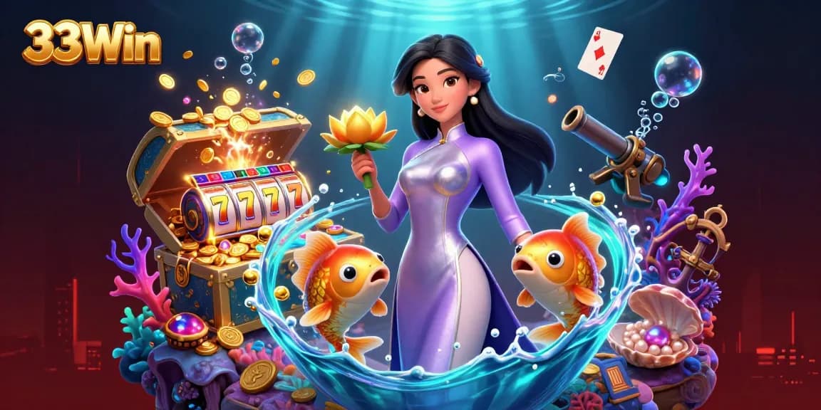 Win big with 33Win featuring detailed Asian-themed casino art and vibrant game elements.