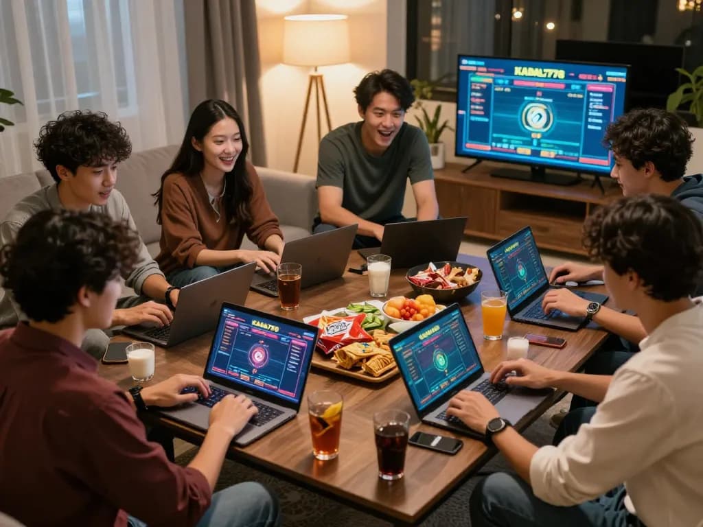 KADAL778 players strategizing and betting online in a cozy home setting.