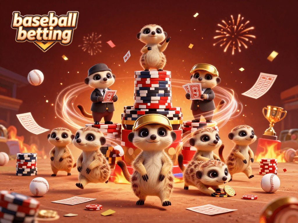 Engage in baseball betting with energetic meerkats at a lively casino, amidst festive colors.