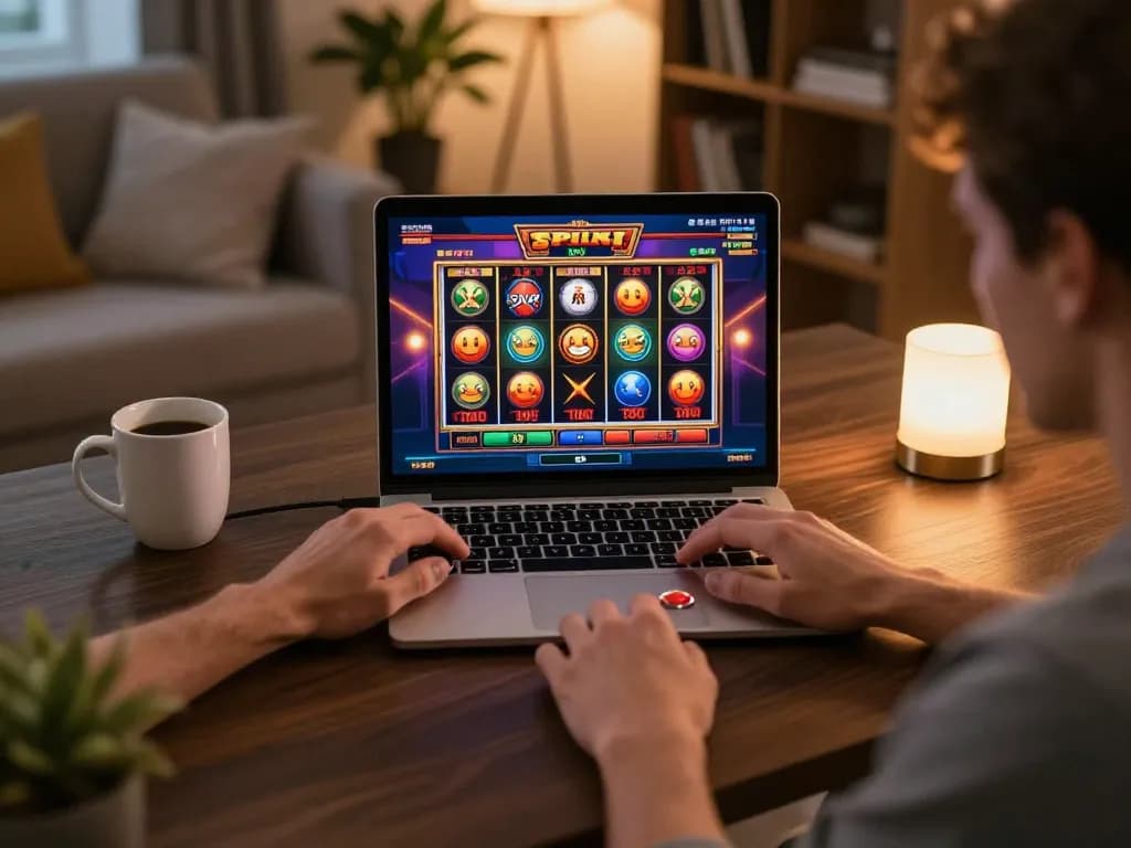 Pemain terlibat dalam slot dalam talian dengan kredit percuma rm100 tiada deposit di pengaturan rumah bergaya, suasana permainan yang fokus.