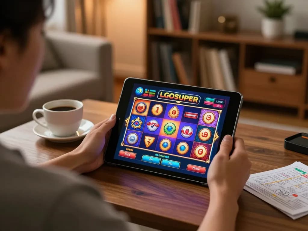Engaging player enjoying LGOSUPER's exciting online slot game from cozy home setup with a tablet.