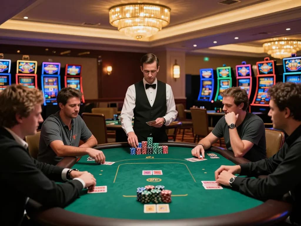Players strategizing at a poker table in dh88 casino, showcasing high-stakes action and elegant atmosphere