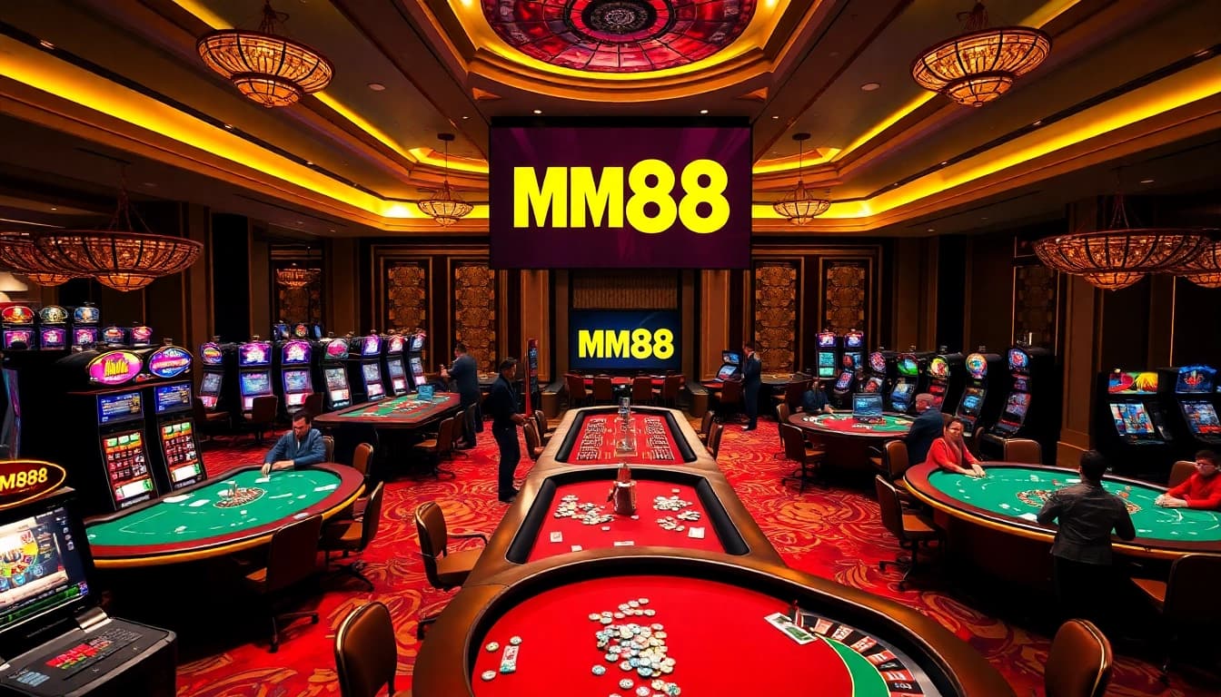 Engage in thrilling gameplay at MM88's luxurious casino scene filled with poker tables and vibrant slot machines.