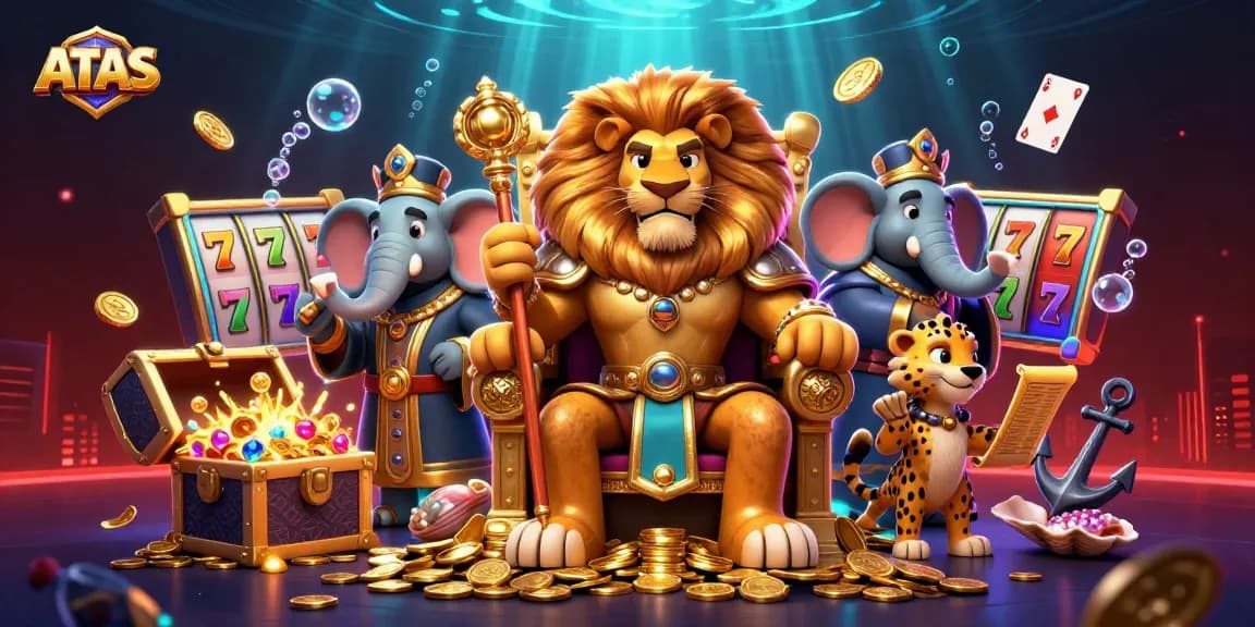 Engage with ATAS casino gaming adventures featuring a majestic lion king and thrilling slot elements.