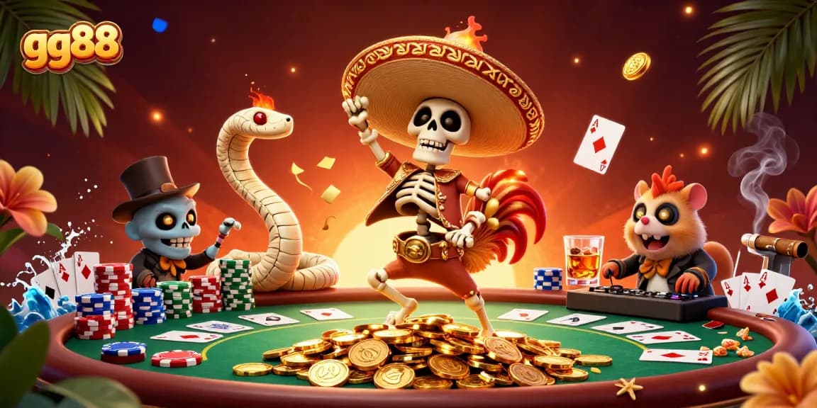Engage with gg88, a thrilling victory dance scene featuring a mariachi rooster among poker table elements.