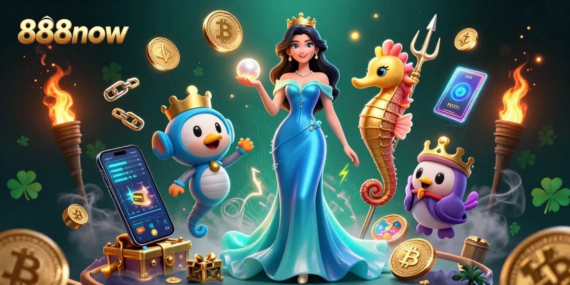 Cascade of excitement with 888now's immersive casino treasures featuring a glowing pearl and vibrant crypto elements.