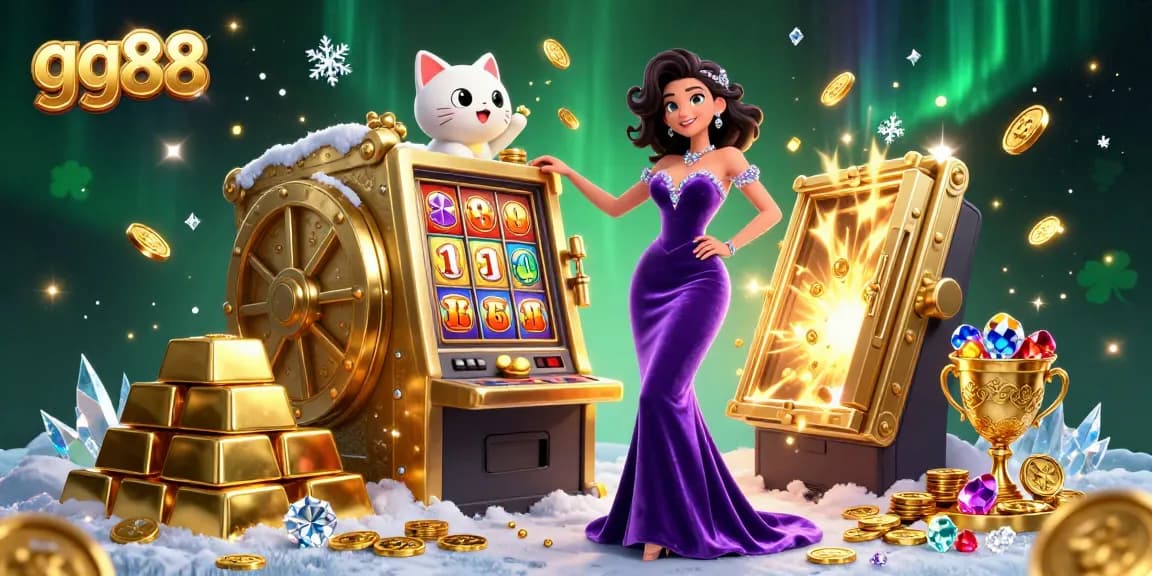 Spin to win at gg88 with a glamorous scene of a woman beside a jackpot slot machine, surrounded by treasures.