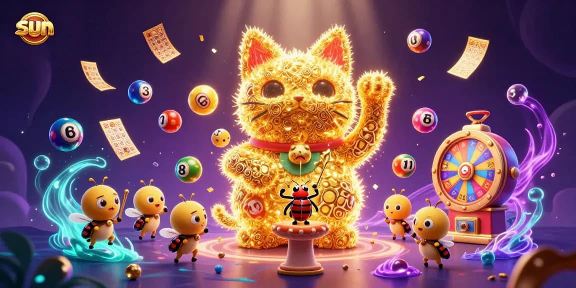 Experience thrilling casino action as golden fireflies shape a lucky cat, complemented by vibrant gaming elements.