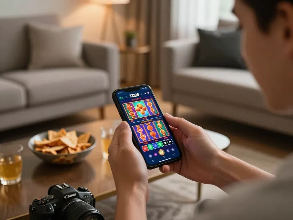 TG88 mobile casino app displayed on smartphone during a cozy home gaming session with stylish decor.