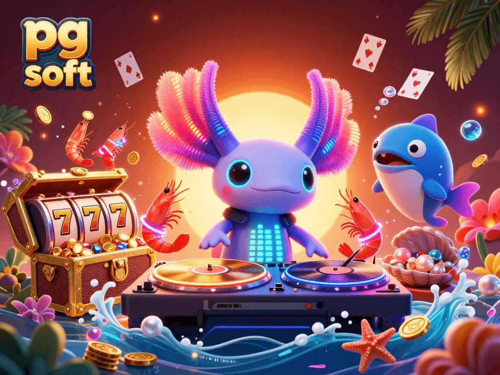 Engage with pg soft slots featuring an excited axolotl DJ and vibrant casino elements.