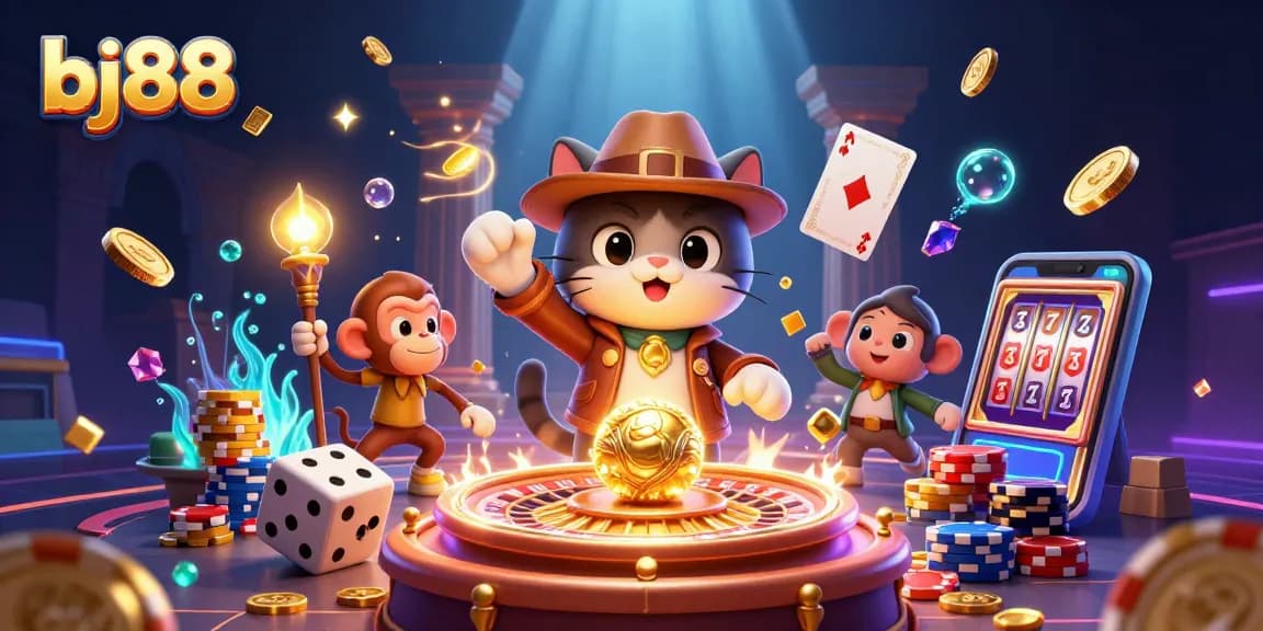 BJ88 offers interactive casino discovery with vibrant characters and golden treasures in an engaging gaming scene.