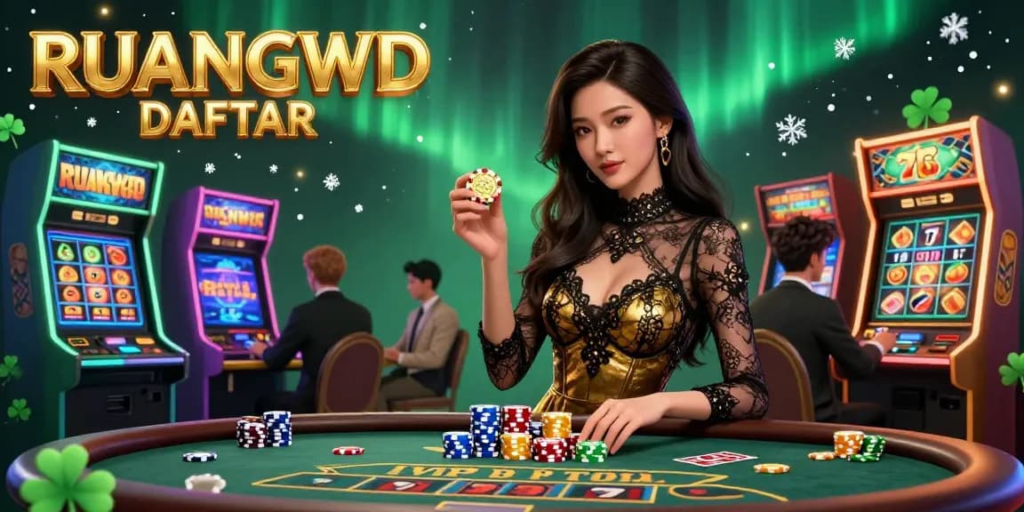 Engage in high-stakes action with RUANGWD DAFTAR at a VIP baccarat table surrounded by 3D gaming elements.