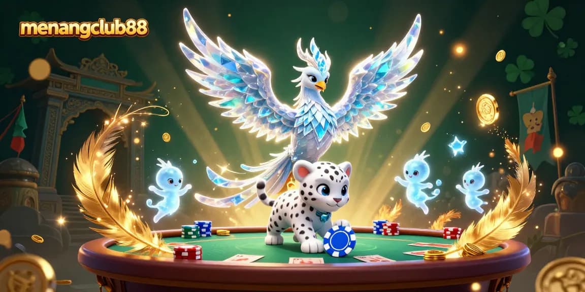 Win big with menangclub88 as an ice phoenix and playful snow leopard enjoy a vibrant casino scene.