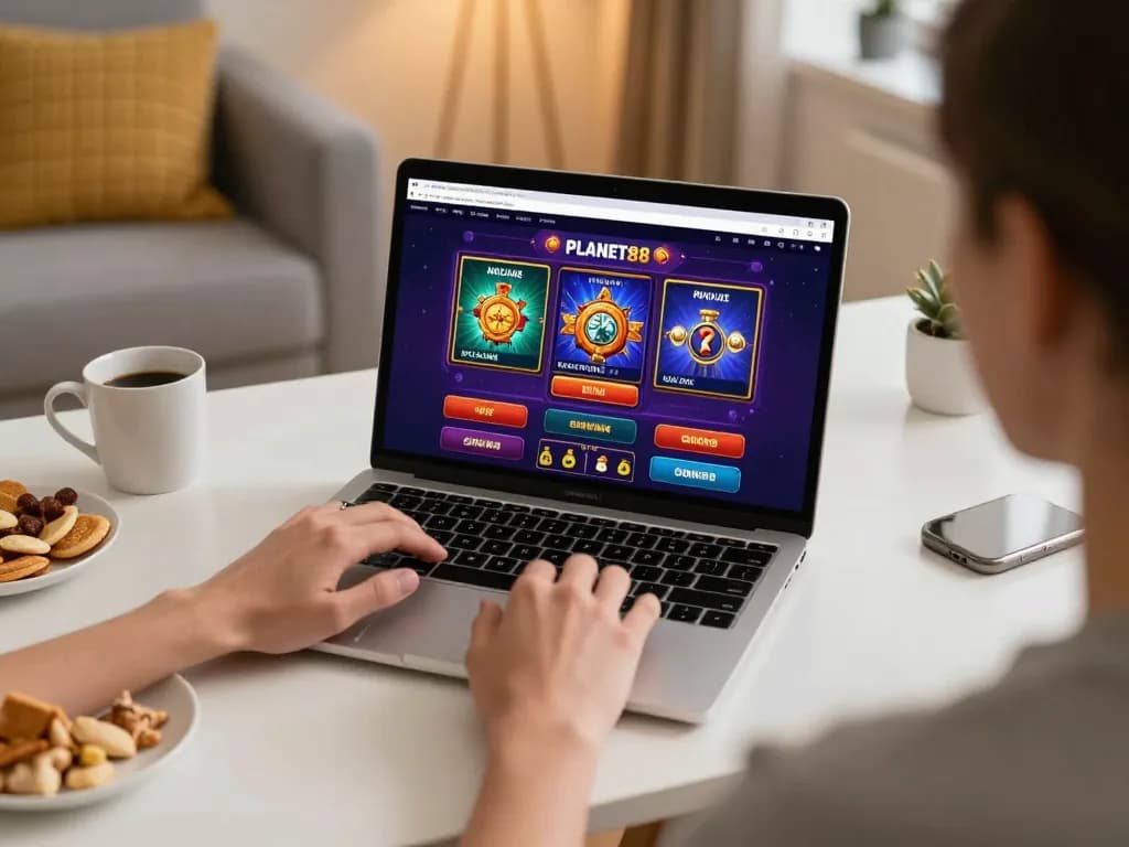 Engaging gameplay experience on PLANET88 casino interface in a cozy home setting