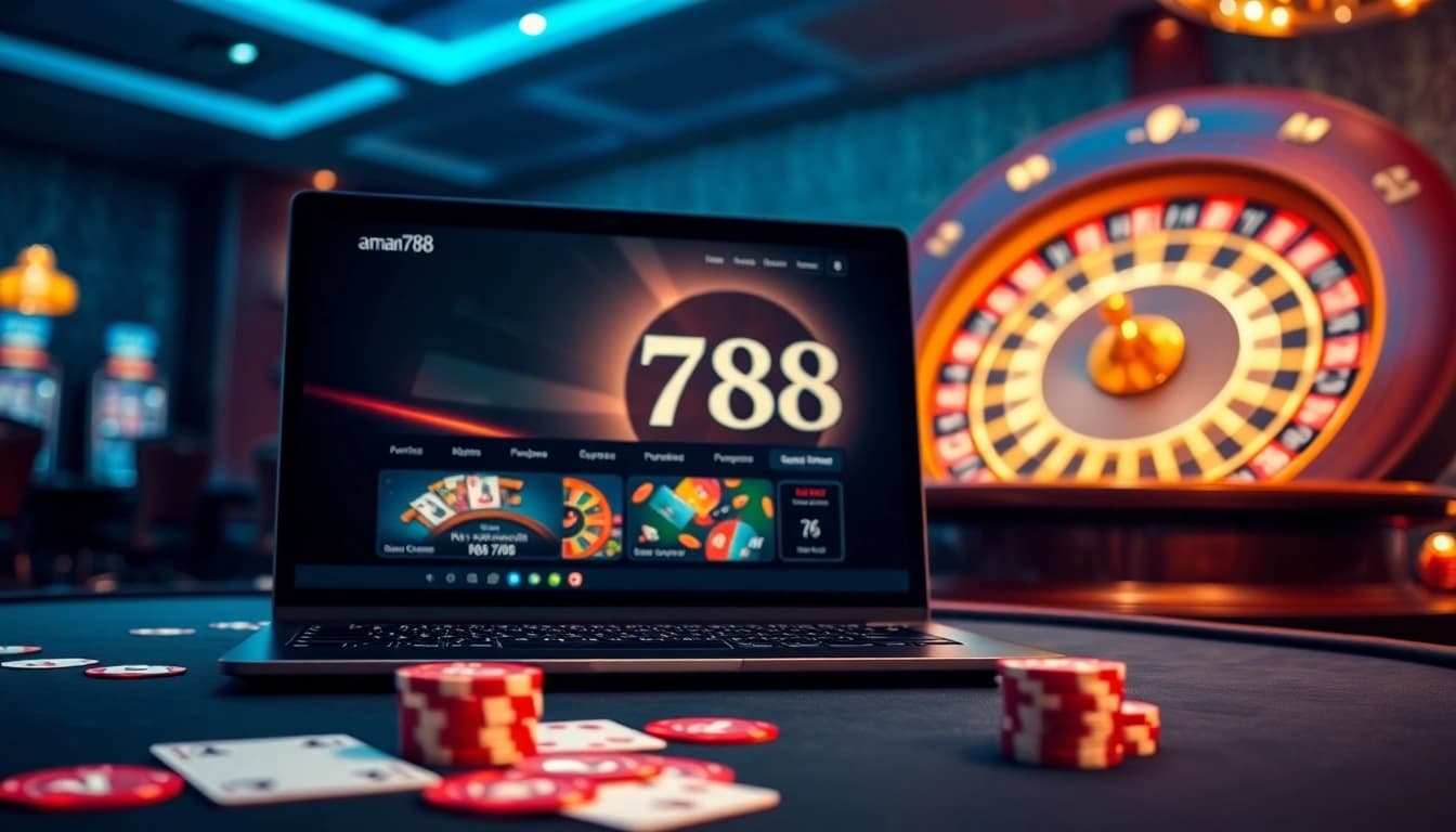 Rasakan kegembiraan aman788 dengan visual kasino yang hidup menampilkan meja poker dan roda roulette.