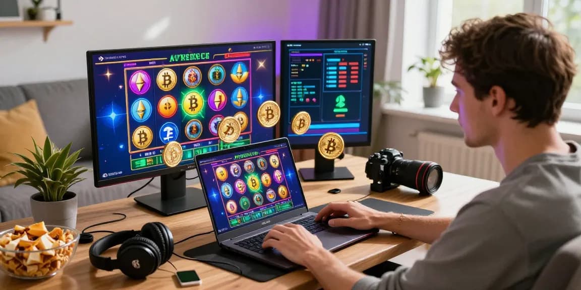 Player engaged with non UK registered casinos on a laptop, surrounded by virtual currencies and gaming accessories in a lively home setting.