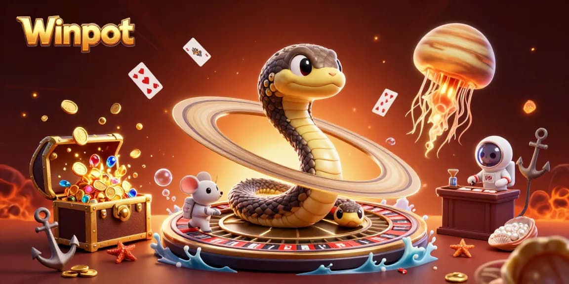 Winpot's vibrant 3D illustration showcases a roulette wheel and mouse players in a cosmic casino.