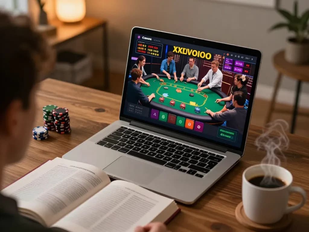 Bromo888 players engaging in blackjack strategy online, showcasing gaming options and a cozy home setup.