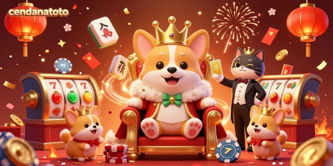 Experience the thrill of cendanatoto with a royal corgi seated on poker chips amidst festive gambling elements.
