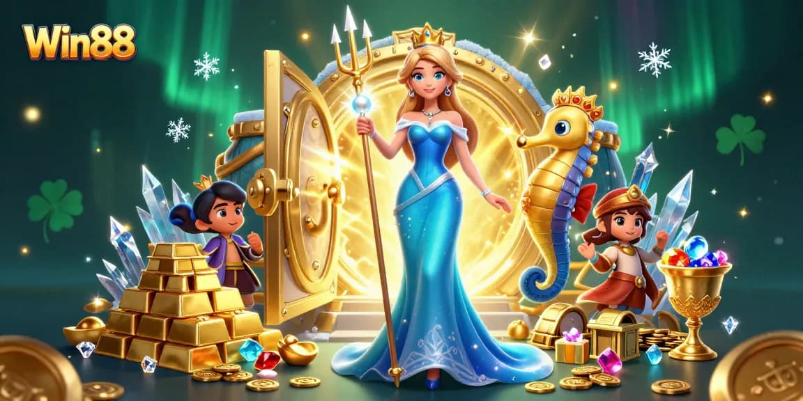 Win88 offers thrilling underwater treasures with a captivating woman and seahorse king in a vibrant casino illustration.