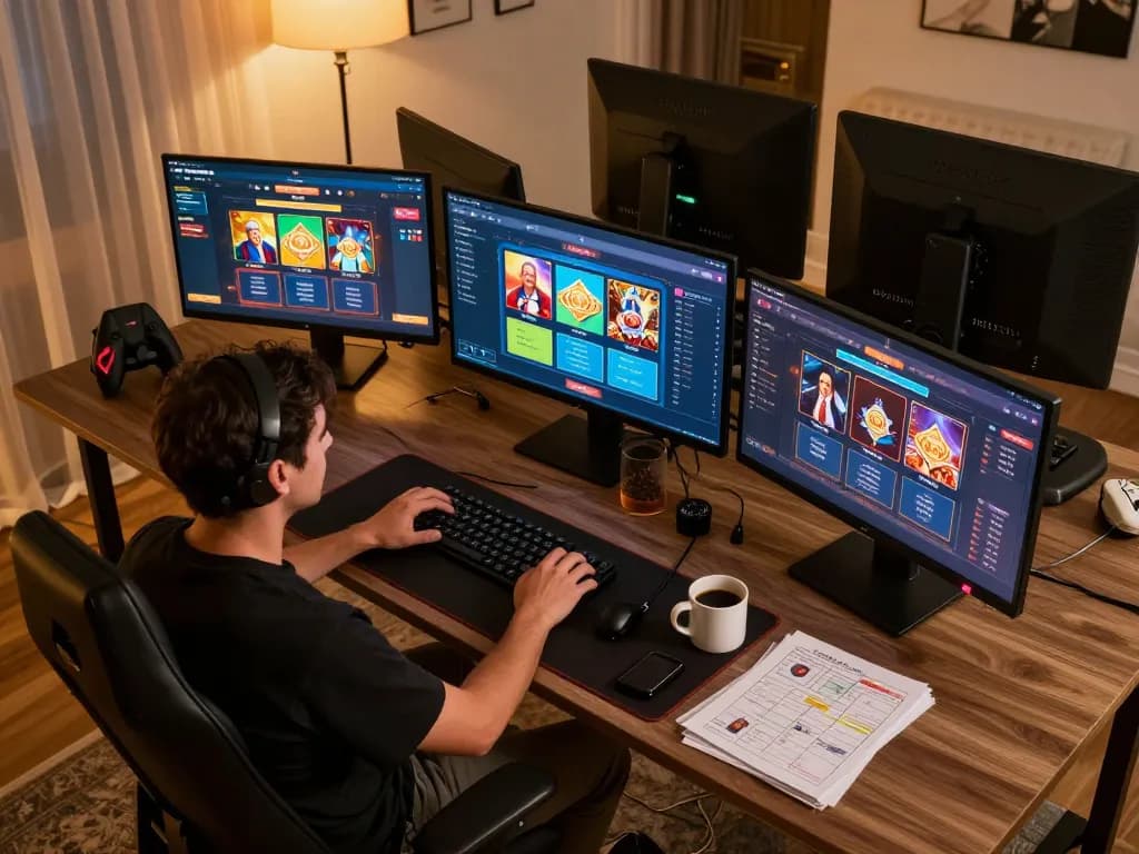 Player engaging with TR88 online casino app while analyzing betting strategies at home