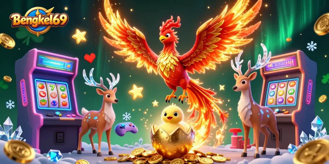 Bengkel69 showcases an immersive casino scene with a fiery phoenix, arcade games, and vibrant slot elements.