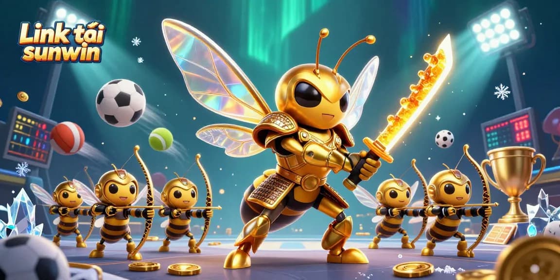 Engage with Link tải sunwin, featuring a golden hornet in samurai armor among dynamic sports elements.