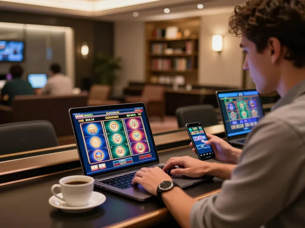 Player engaging with qrr99 online casino slot game on laptop in cozy home setup