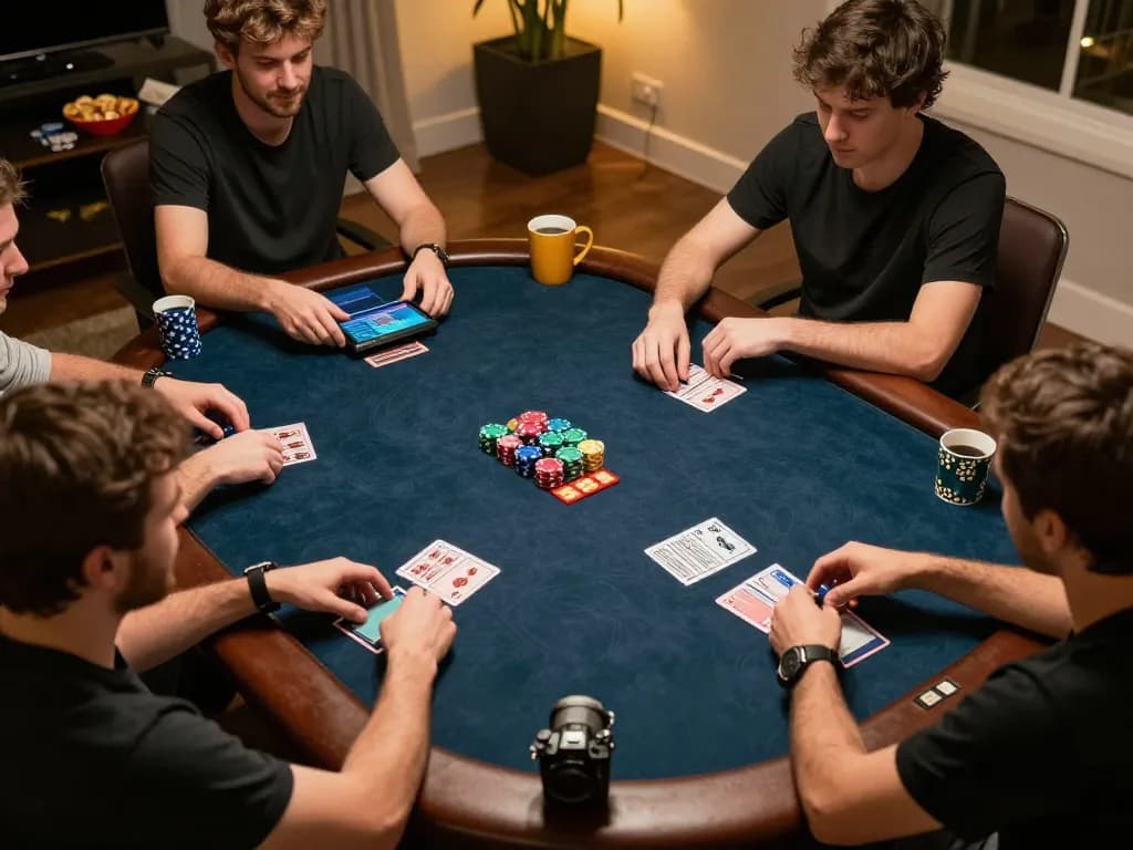 View of a home poker game where players analyze angka keluaran sgp on their devices, highlighting strategy and social interaction