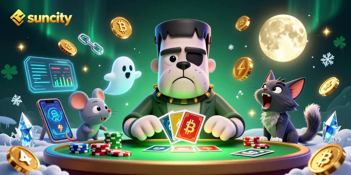 Engage with thrilling gameplay at Suncity's casino featuring a lively scene with characters and crypto elements.