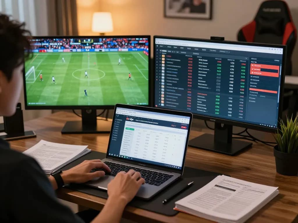 Soi Kèo enthusiasts analyzing football data for informed betting decisions in a contemporary home office.