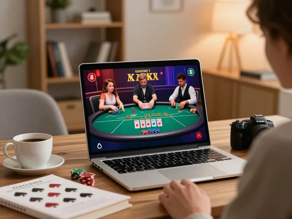 Sunwin gaming experience with live dealer poker on laptop in inviting home office.