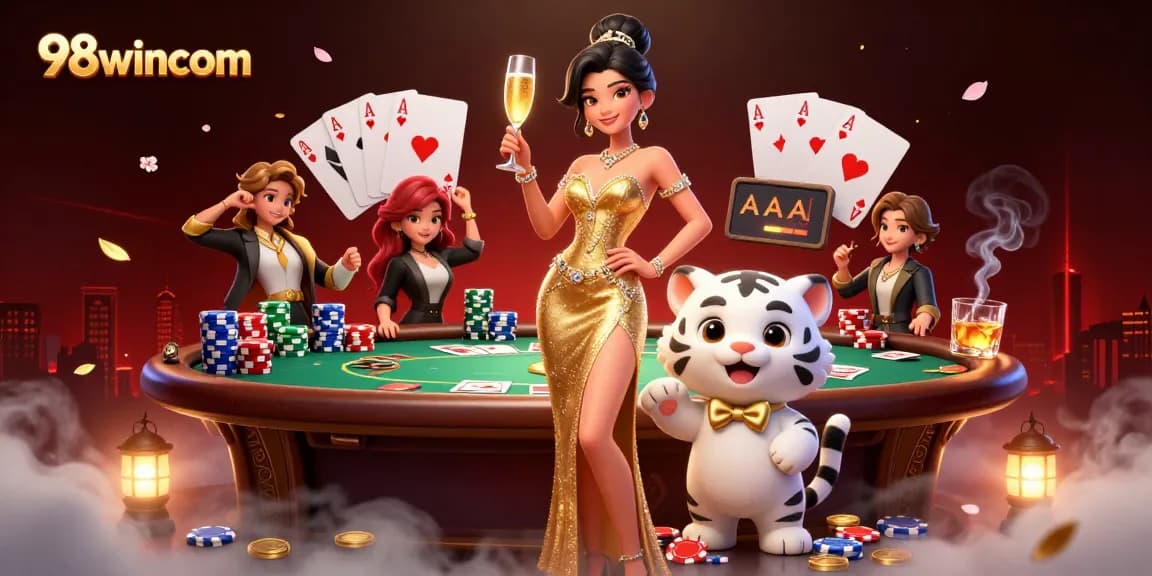 Engage with the vibrant luck of 98wincom in this casino-themed scene featuring poker and glamour.