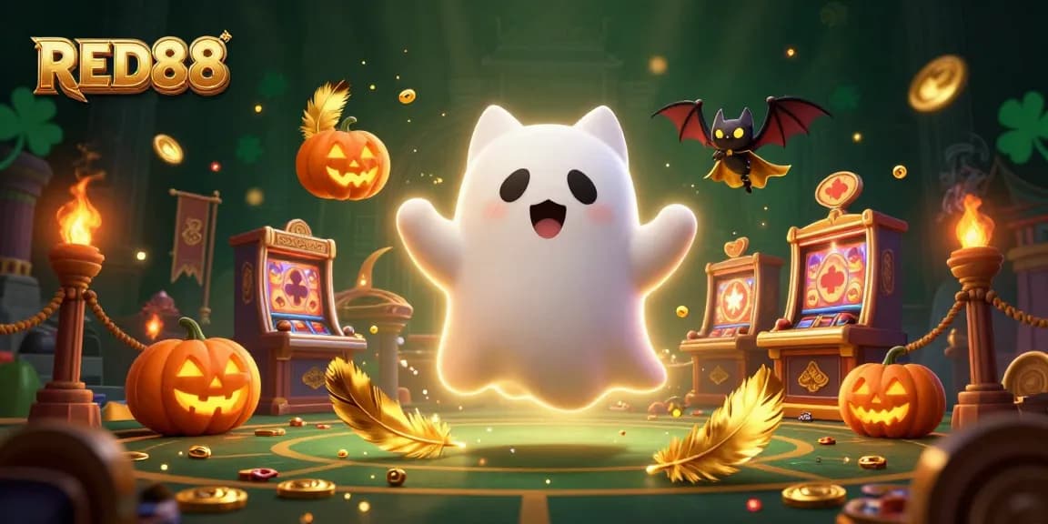 Experience the excitement of RED88 casino with a ghost cat and glowing jack-o-lanterns!