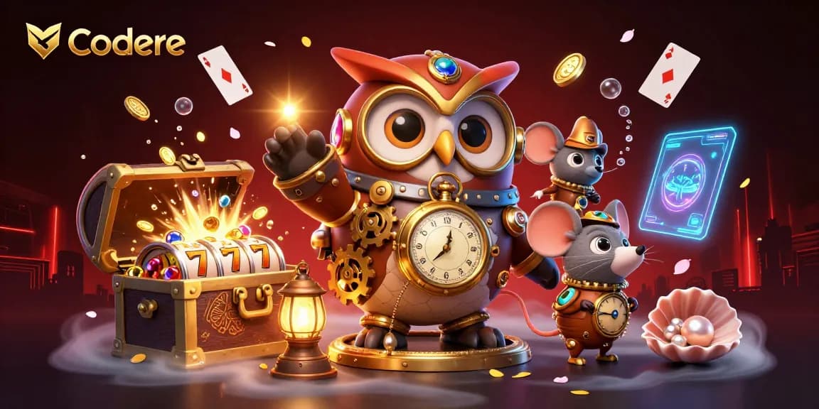 Experience thrilling wins with Codere's adventurous owl and treasure in a vibrant casino scene.