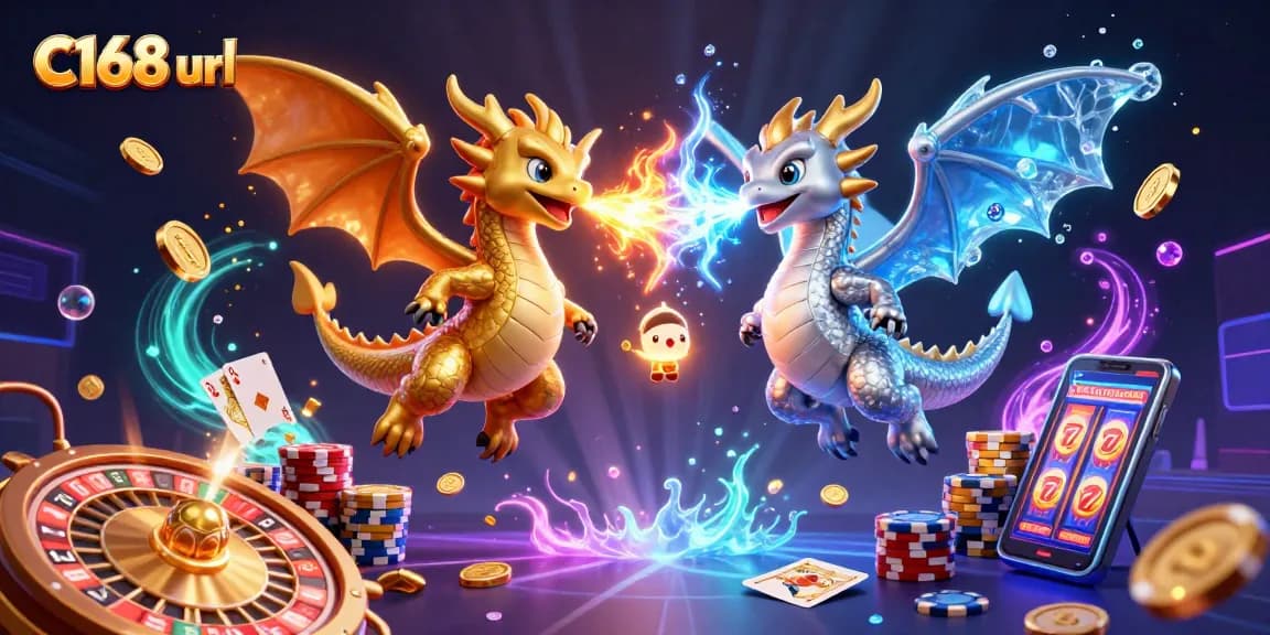 Engage with the exciting C168 url gaming experience featuring dynamic dragons in a vivid casino scene.