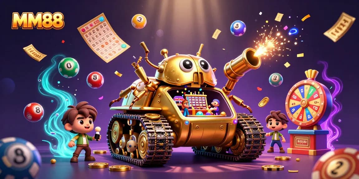 Experience MM88's vibrant casino atmosphere with a golden beetle tank revealing a miniature casino.